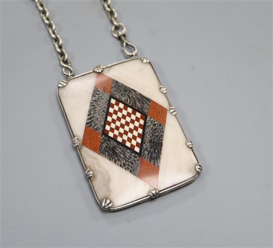 A white metal mounted pietra dura plaque pendant choker necklace, plaque 68mm.